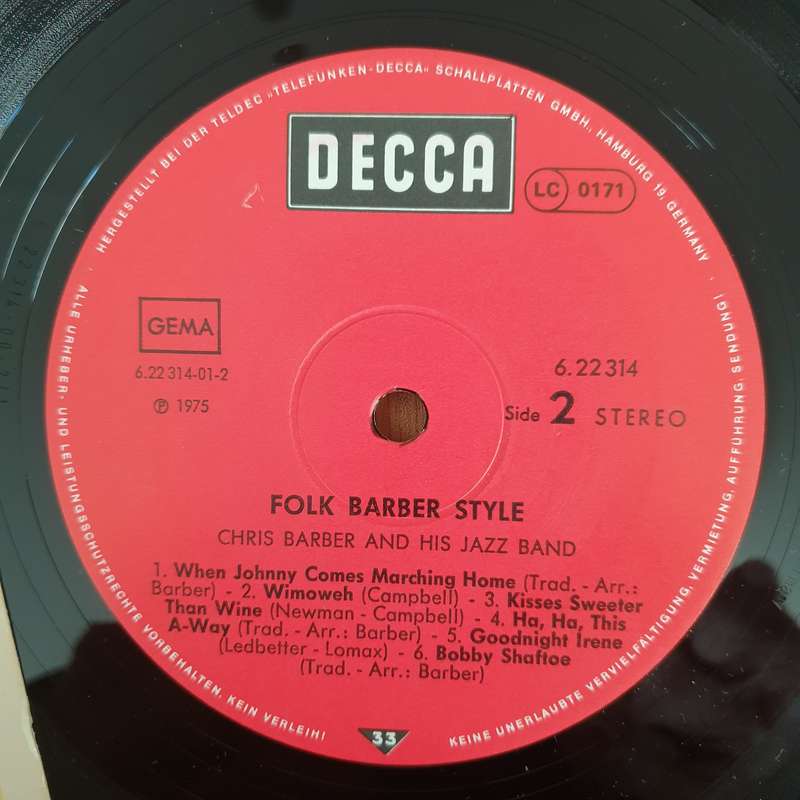 Chris Barber And His Jazz Band  Folk Barber Style  Vinyl LP Record - Very-Good+ Quality (VG...