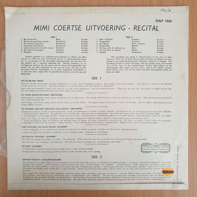 Mimi Coertse  Recital - Vinyl LP Record - Very-Good+ Quality (VG+) (verygoodplus)  (D)