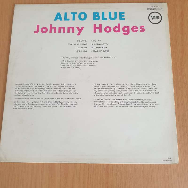 Johnny Hodges  Alto Blue - Vinyl LP Record - Very-Good Quality (VG)  (verry)