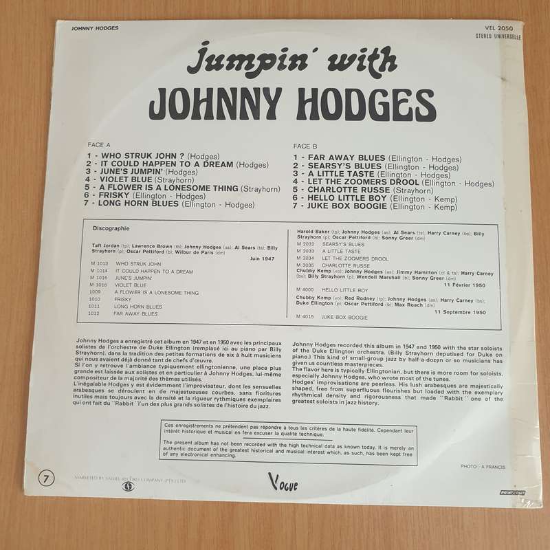 Johnny Hodges  Jumpin' With Johnny Hodges - Vinyl LP Record - Very-Good Quality (VG)  (verry)