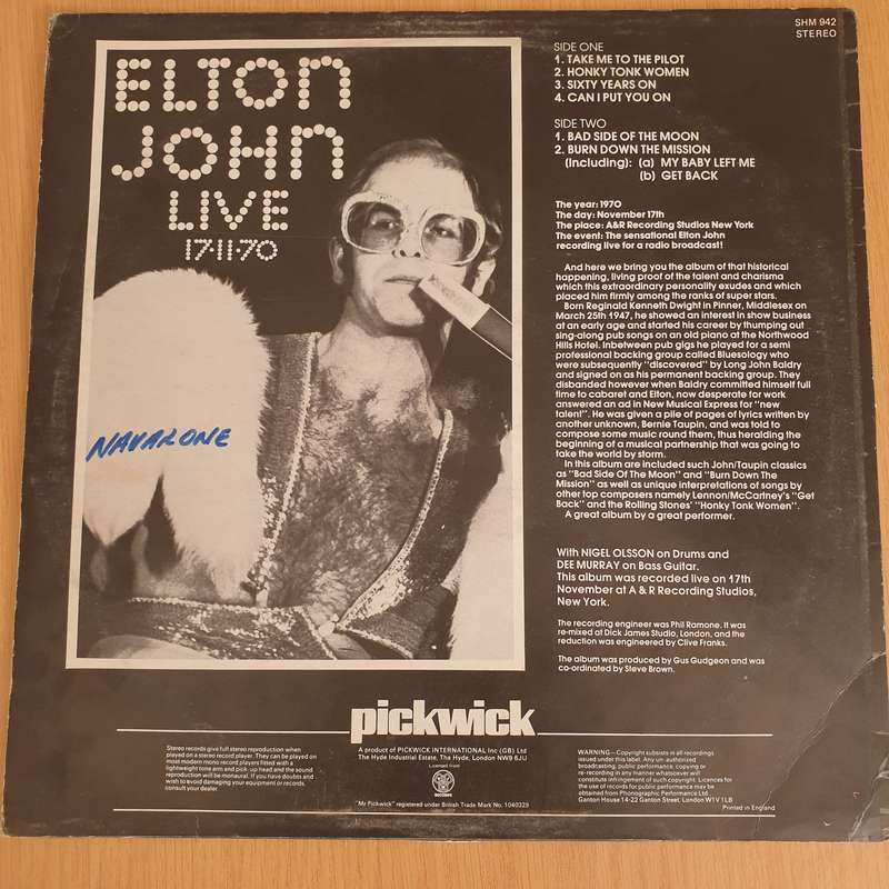 Elton John  Elton John Live 17-11-70 - Vinyl LP Record - Very-Good+ Quality (VG+) (verygoodplus)