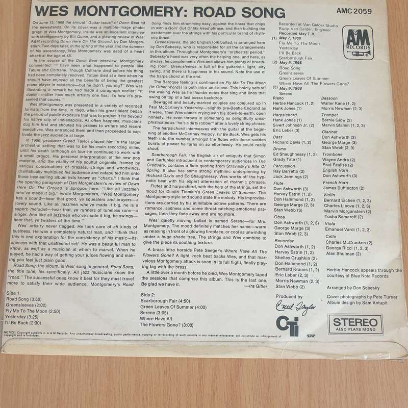 Wes Montgomery  Road Song  Vinyl LP Record - Very-Good+ Quality (VG+) (verygoodplus)