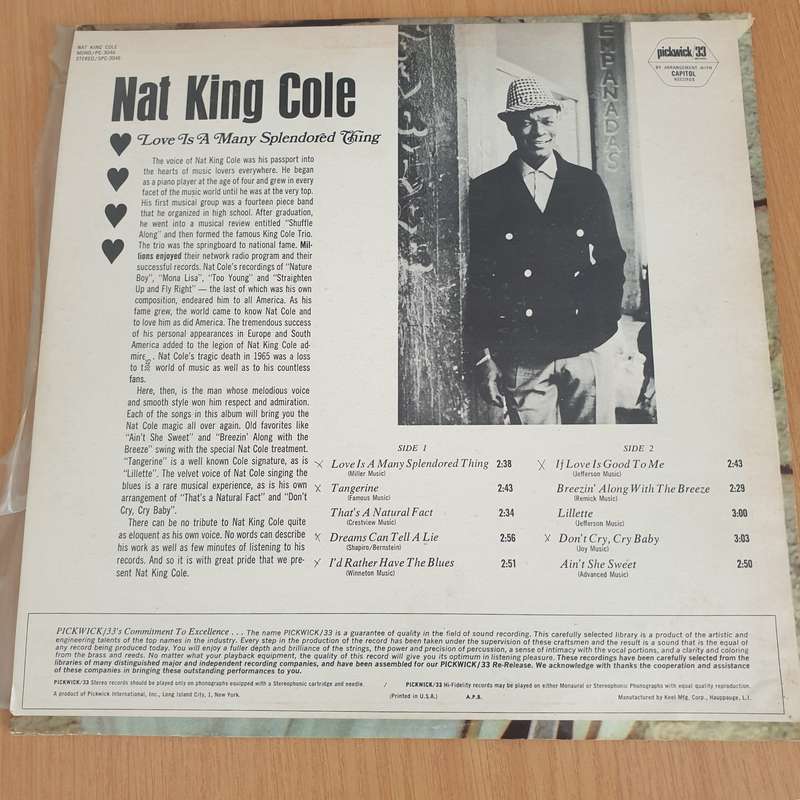Nat King Cole  Love Is A Many Splendored Thing  Vinyl LP Record - Very-Good+ Quality (VG+) ...