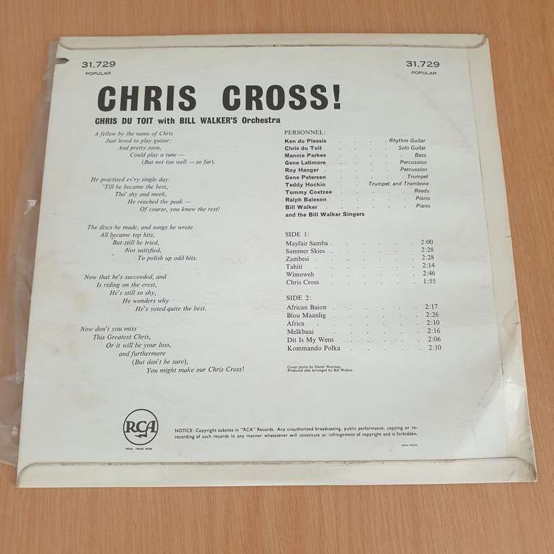 Chris Cross - Chris Du Toit with Bill Walker's Orchestra   Vinyl LP Record - Very-Good+ Qualit...