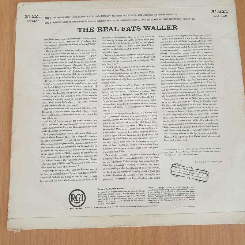 Fats Waller  The Real Fats Waller - Vinyl LP Record - Very-Good Quality (VG)  (verry)