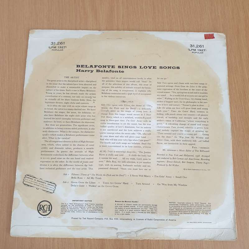 Harry Belafonte  Love Is A Gentle Thing  Vinyl LP Record - Very-Good+ Quality (VG+) (verygo...