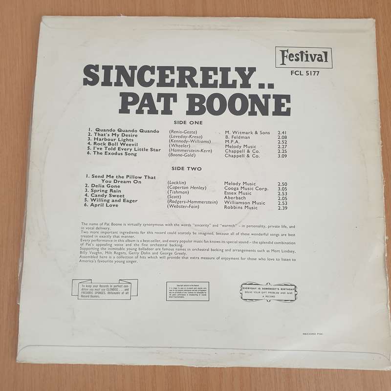 Pat Boone  Sincerely..  - Vinyl LP Record - Very-Good Quality (VG)  (verry)