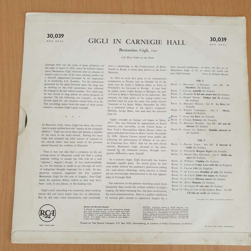 Beniamino Gigli  Gigli In Carnegie Hall  Vinyl LP Record - Very-Good+ Quality (VG+) (verygo...
