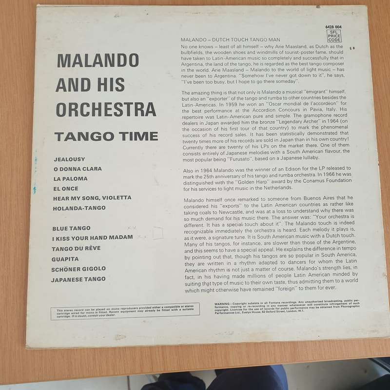 Malando And His Orchestra  Tango Time  Vinyl LP Record - Very-Good+ Quality (VG+) (verygood...