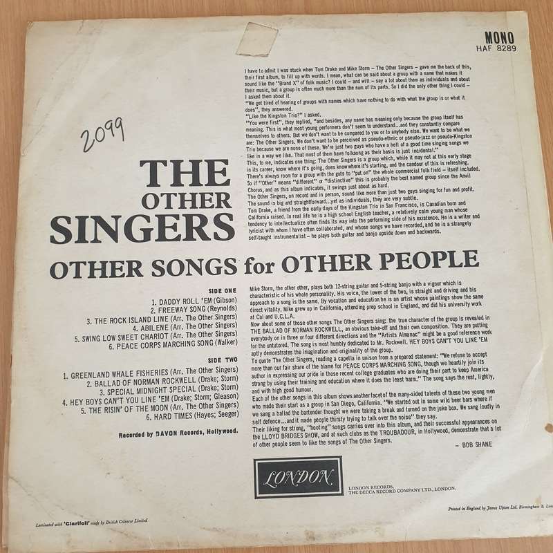 The Other Singers  Sing Other Songs For Other People  Vinyl LP Record - Very-Good+ Quality ...