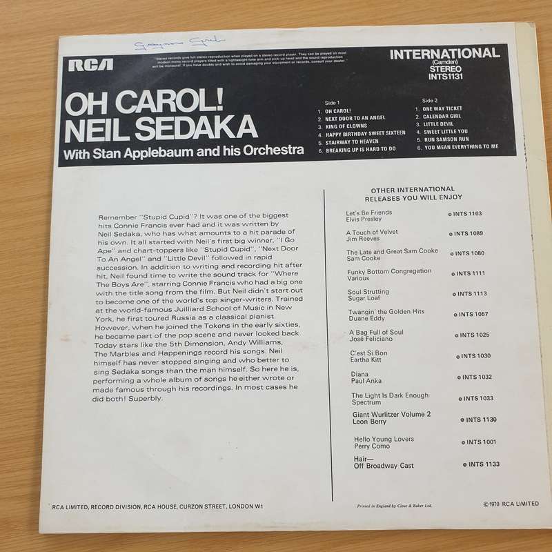 Neil Sedaka  Oh Carol - Vinyl LP Record - Very-Good+ Quality (VG+) (verygoodplus)