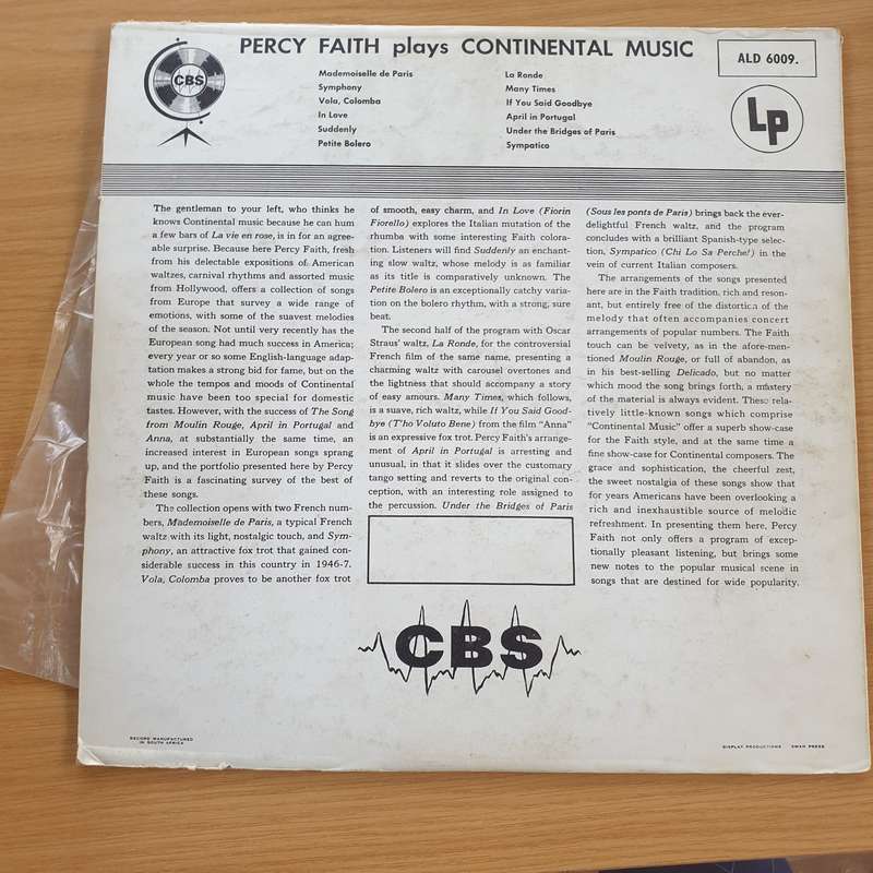 Percy Faith  Percy Faith Plays Continental Music - Vinyl LP Record - Very-Good+ Quality (VG+) ...