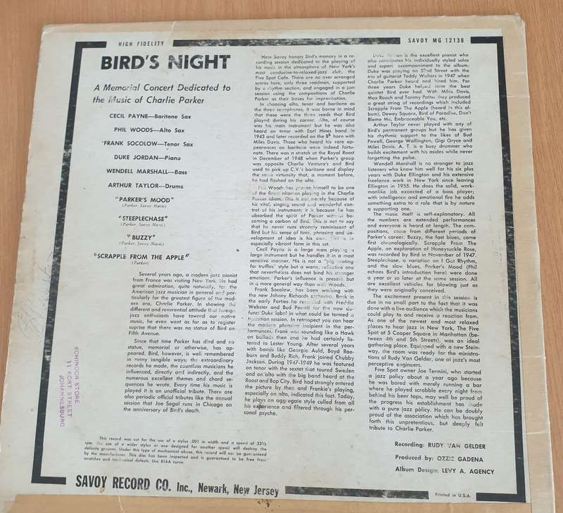 The Music Of Charlie Parker -Bird's Night  Vinyl LP Record  (G+)