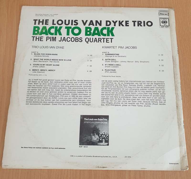 Trio Louis Van Dyke And Kwartet Pim Jacobs  Back To Back - Vinyl LP Record (VG+)