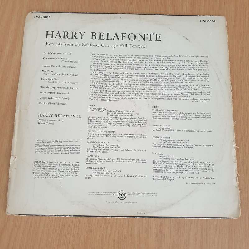 Harry Belafonte  Excerpts From The Belafonte Carnegie Hall Concert   Vinyl LP Record  (VG-)