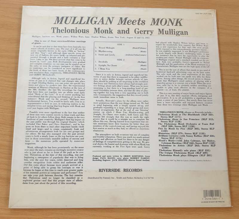Thelonious Monk And Gerry Mulligan  Mulligan Meets Monk - Vinyl LP Record (VG+)