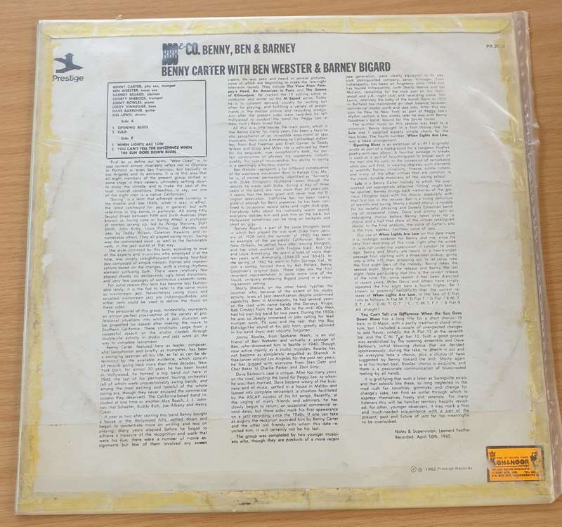 Benny Carter With Ben Webster & Barney Bigard  BBB & Co.  Vinyl LP Record  (G+)