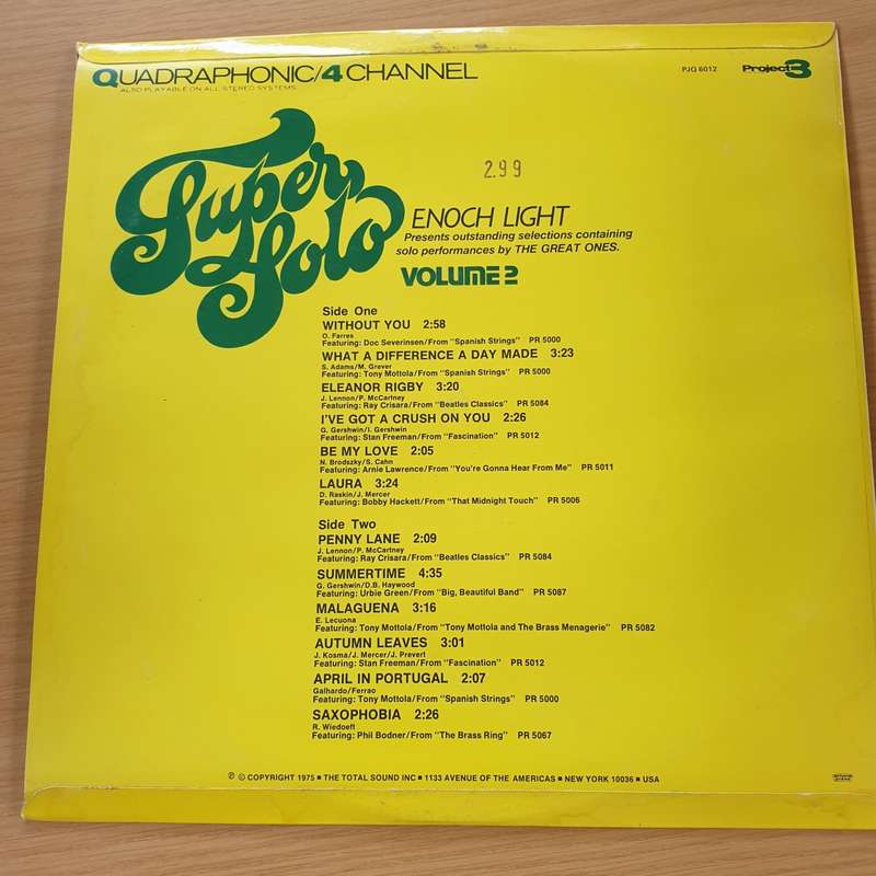 Enoch Light  Super Solo Vol 2 Quadraphonic  Vinyl LP Record  (VG+)