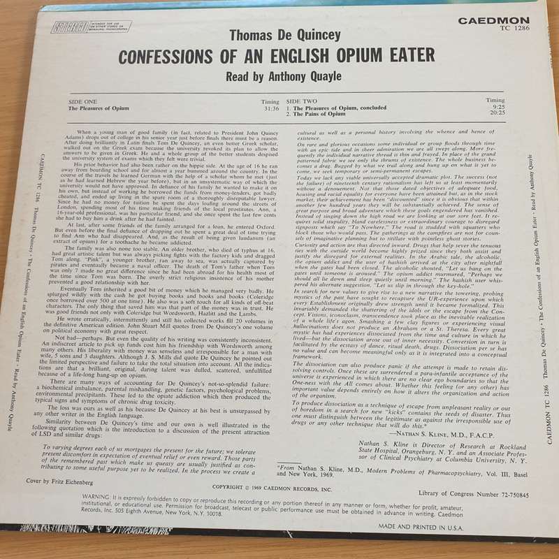 Confessions Of An English Opium Eater  Thomas De Quincey Read By Anthony Quayle  Vinyl LP R...