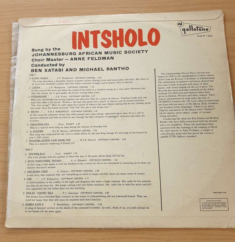 Intsholo - Johannesburg African Music Society  Vinyl LP Record (VG)