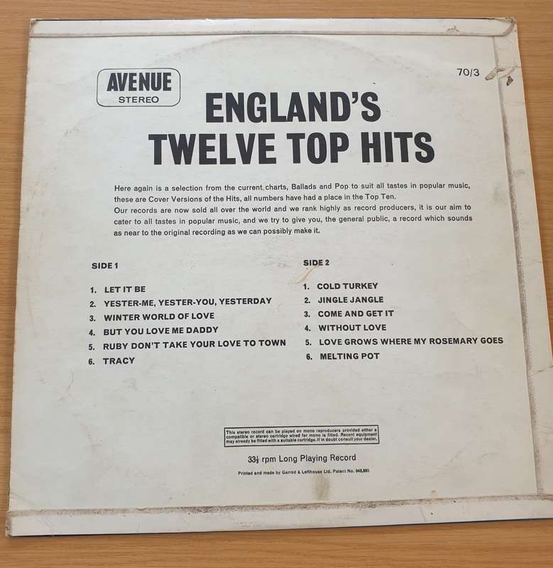 England's Top 12 Hits  Vinyl LP Record  (VG+)