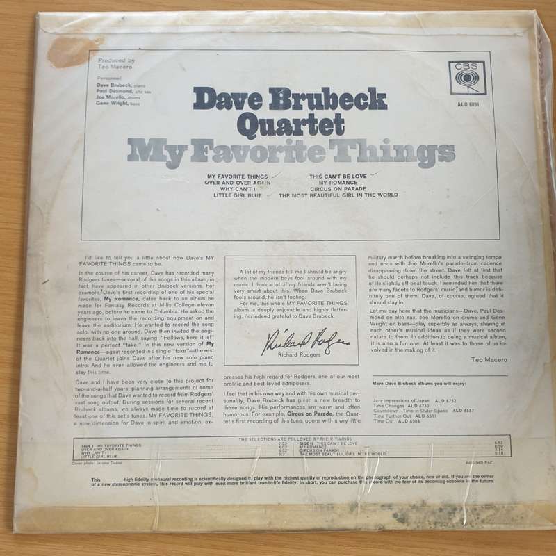 Dave Brubeck Quartet  My Favorite Things   Vinyl LP Record  (VG-)