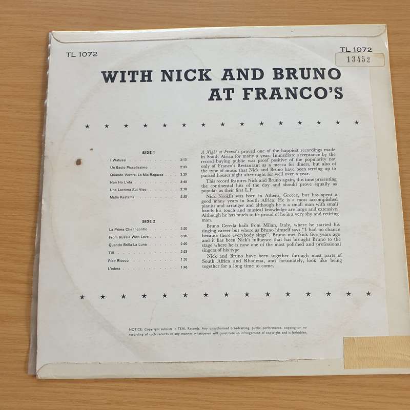 With Nick and Bruno at Franco's (South Africa)   Vinyl LP Record  (VG-)