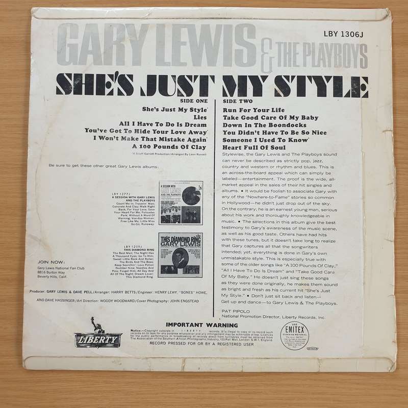 Gary Lewis & The Playboys  She's Just My Style - Vinyl LP Record  (VG-)