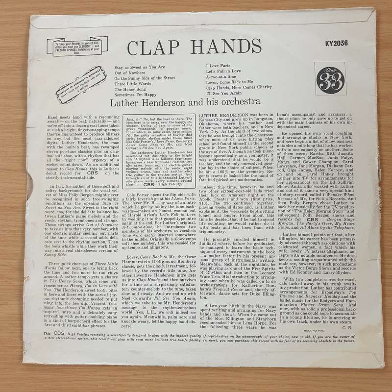 Luther Henderson And His Orchestra  Clap Hands With - Vinyl LP Record (VG)