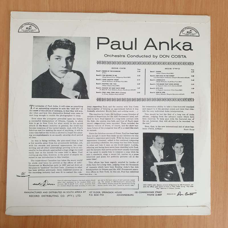 Paul Anka, Don Costa Orchestra  Paul Anka Sings - Vinyl LP Record (VG+)