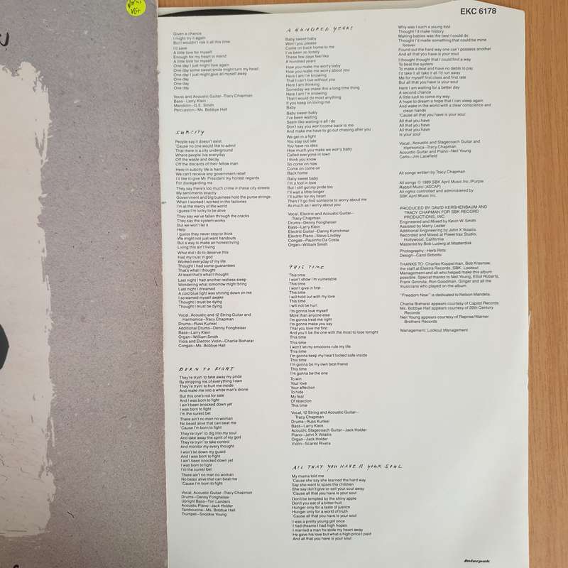 Tracy Chapman - Crossroads with Lyrics Inner  Vinyl LP Record  (VG+)