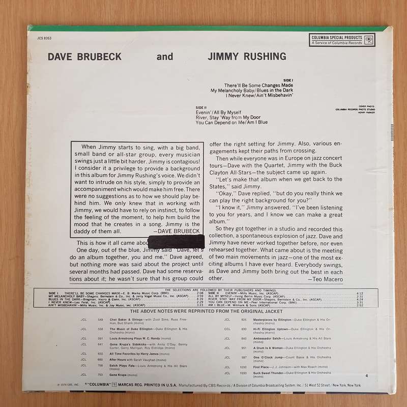 The Dave Brubeck Quartet Featuring Jimmy Rushing  Brubeck & Rushing - Vinyl LP Record (VG+)