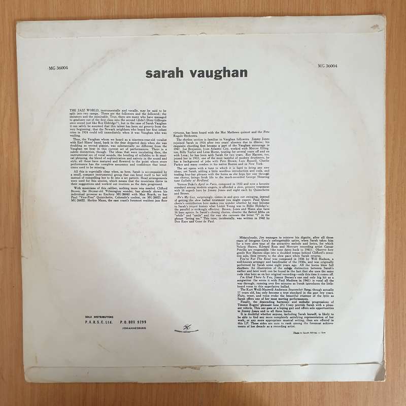 Sarah Vaughan  Sarah Vaughan  Vinyl LP Record (VG+)