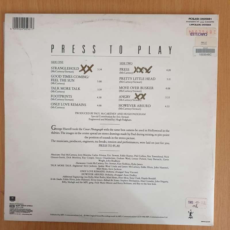 Paul McCartney  Press To Play - Vinyl LP Record - Very-Good+ Quality (VG+)
