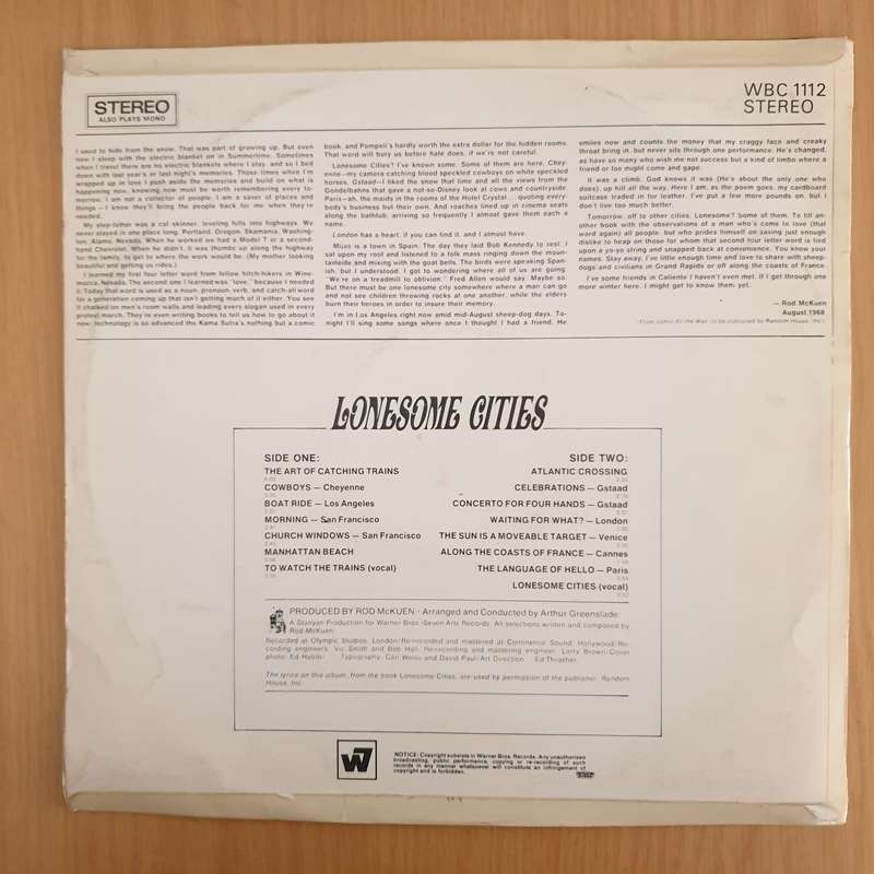 Rod McKuen  Lonesome Cities   Vinyl LP Record (VG+)