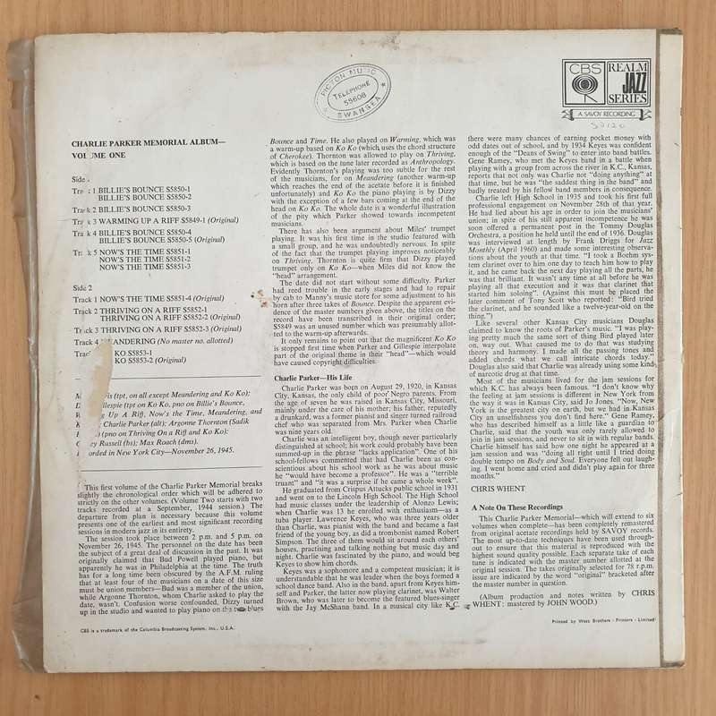 Charlie Parker  Charlie Parker Memorial Volume 1 - Vinyl LP Record (VG-)