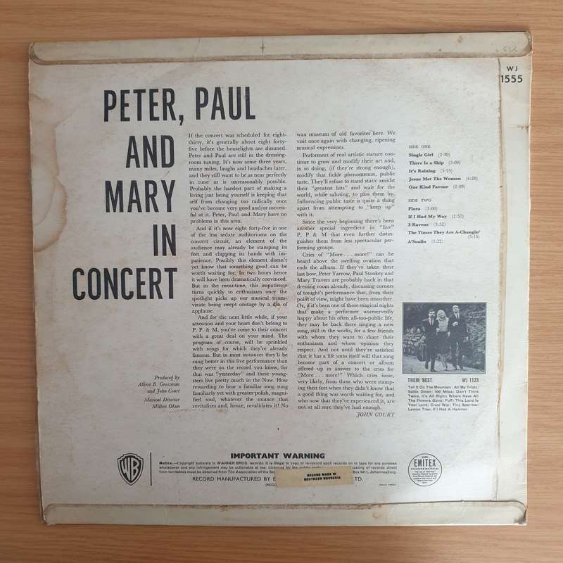 Peter, Paul & Mary - In Concert (Album made in S.Rhodesia)  Vinyl LP Record (VG+)
