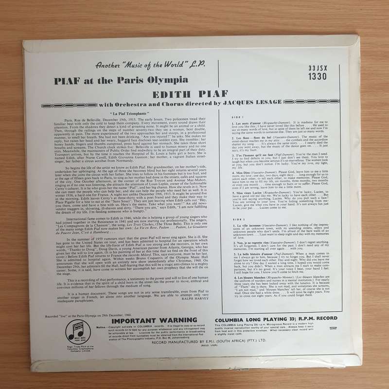 Edith Piaf  Piaf At The Paris Olympia  Vinyl LP Record (VG+)