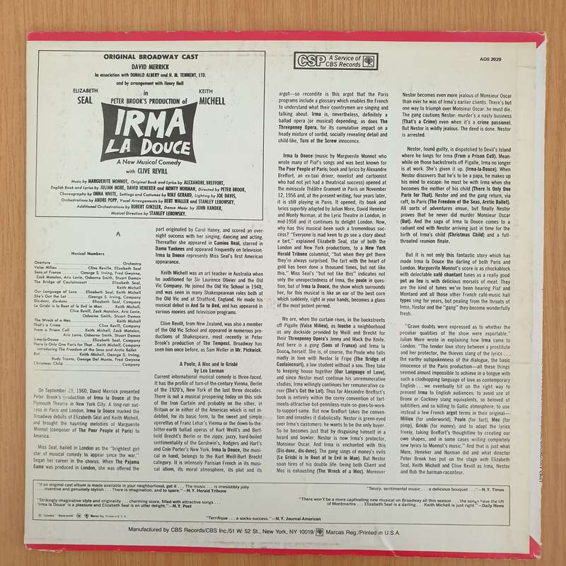 Irma La Douce - Original Broadway Cast -Vinyl LP Record (VG+)