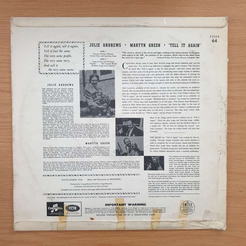 Julie Andrews, Martyn Green  Songs Of Sense & Nonsense - Tell It Again - Vinyl LP Record  (G+)
