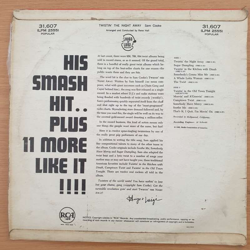 Sam Cooke  Twistin' The Night Away   Vinyl LP Record (VG+)
