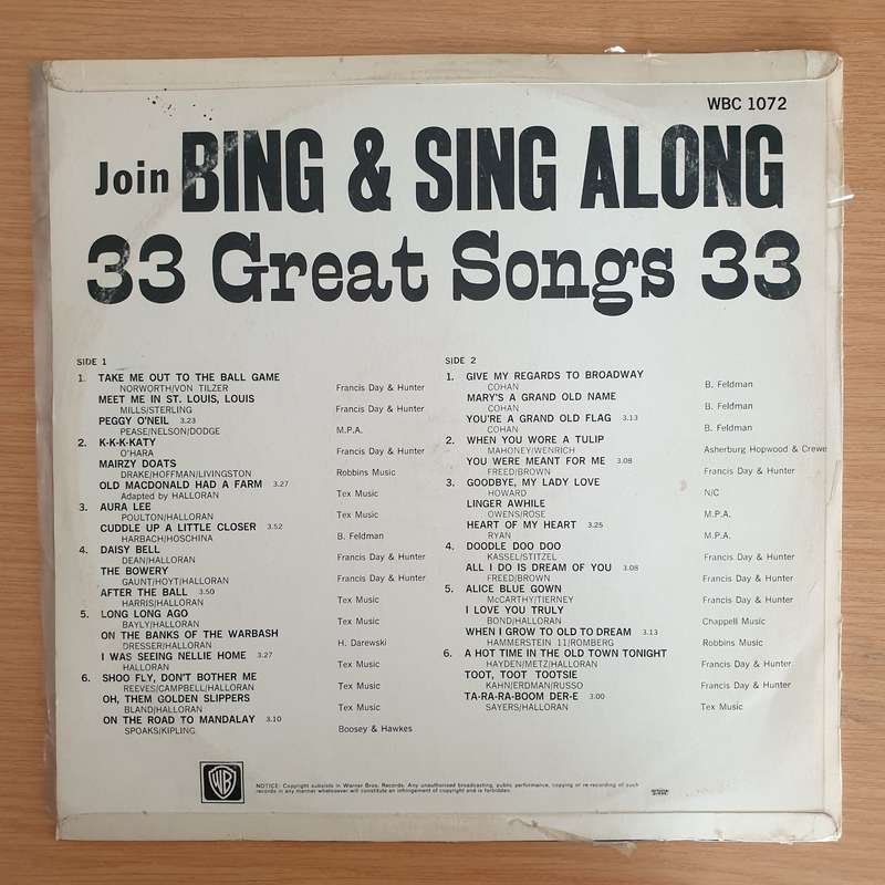 Bing Crosby & His Friends  Join Bing & Sing Along  Vinyl LP Record (VG+)