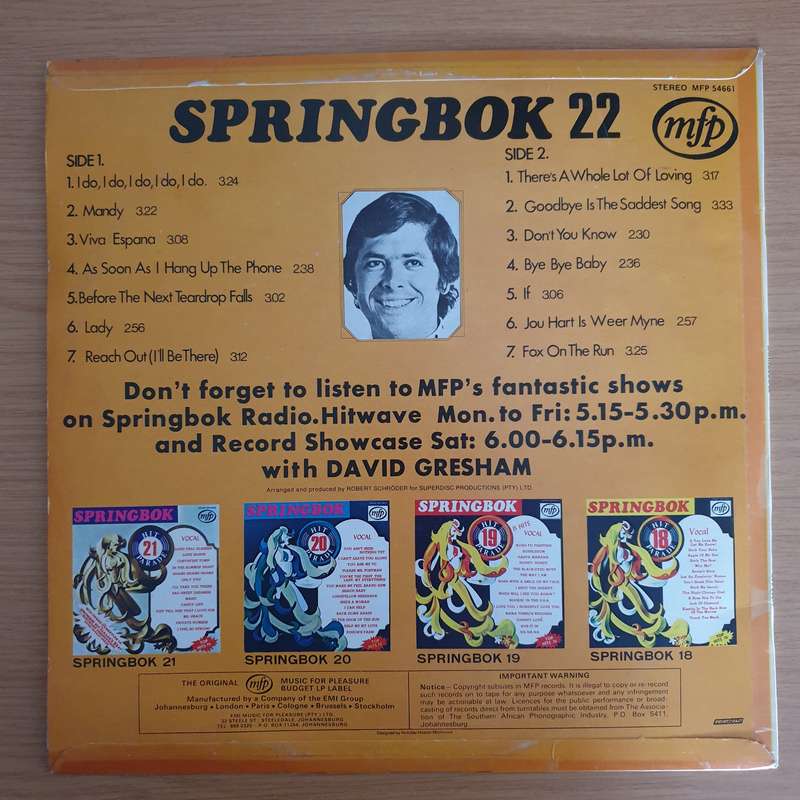 Springbok Hit Parade Vol 22 - Vinyl LP Record  (VG+)