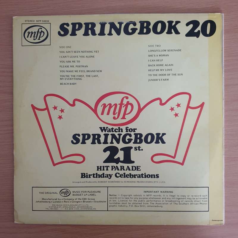 Springbok Hit Parade Vol 20 - Vinyl LP Record  (VG+)