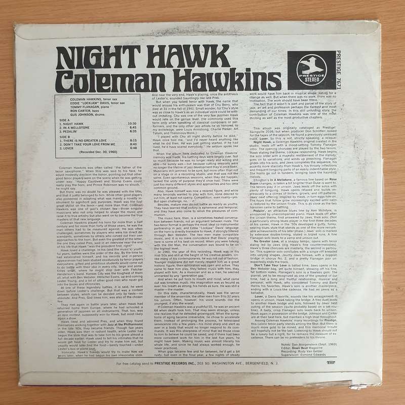 Coleman Hawkins With Eddie "Lockjaw" Davis  Night Hawk - Vinyl LP Record (VG+)