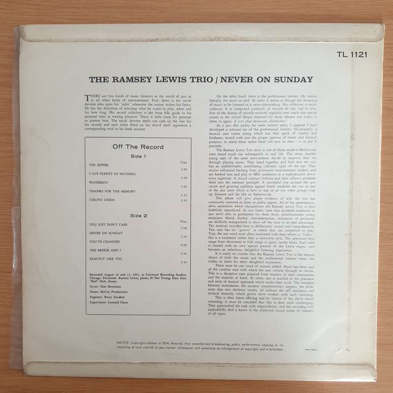 The Ramsey Lewis Trio  Never On Sunday   Vinyl LP Record  (VG-)