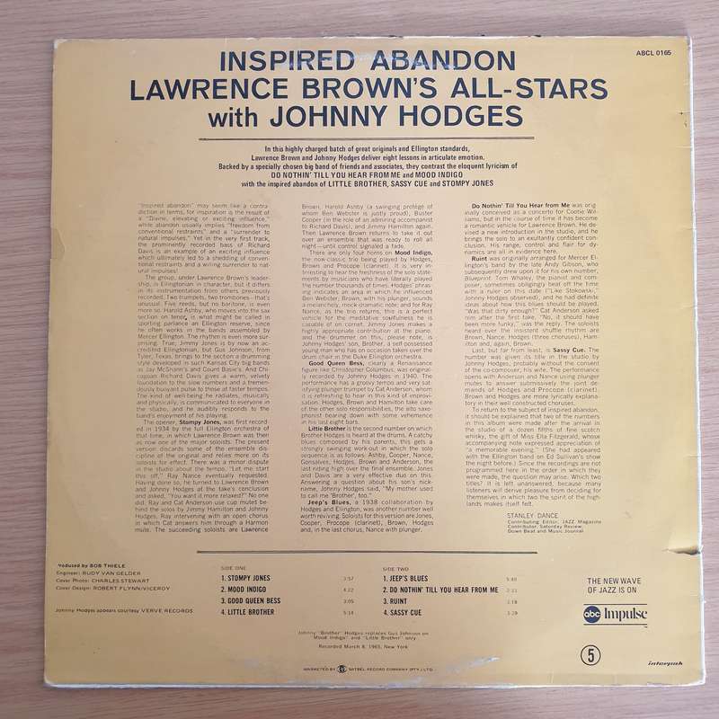 Lawrence Brown's All-Stars With Johnny Hodges  Inspired Abandon - Vinyl LP Record (VG+)
