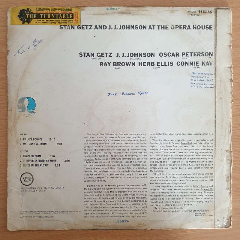 Stan Getz And J.J. Johnson  At The Opera House  - Vinyl LP Record  (G+)