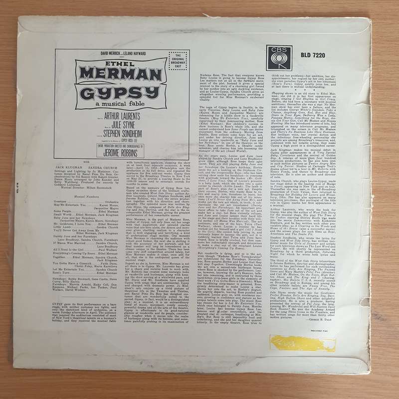 Ethel Merman  Gypsy - A Musical Fable - Original Broadway Cast   Vinyl LP Record (VG+)