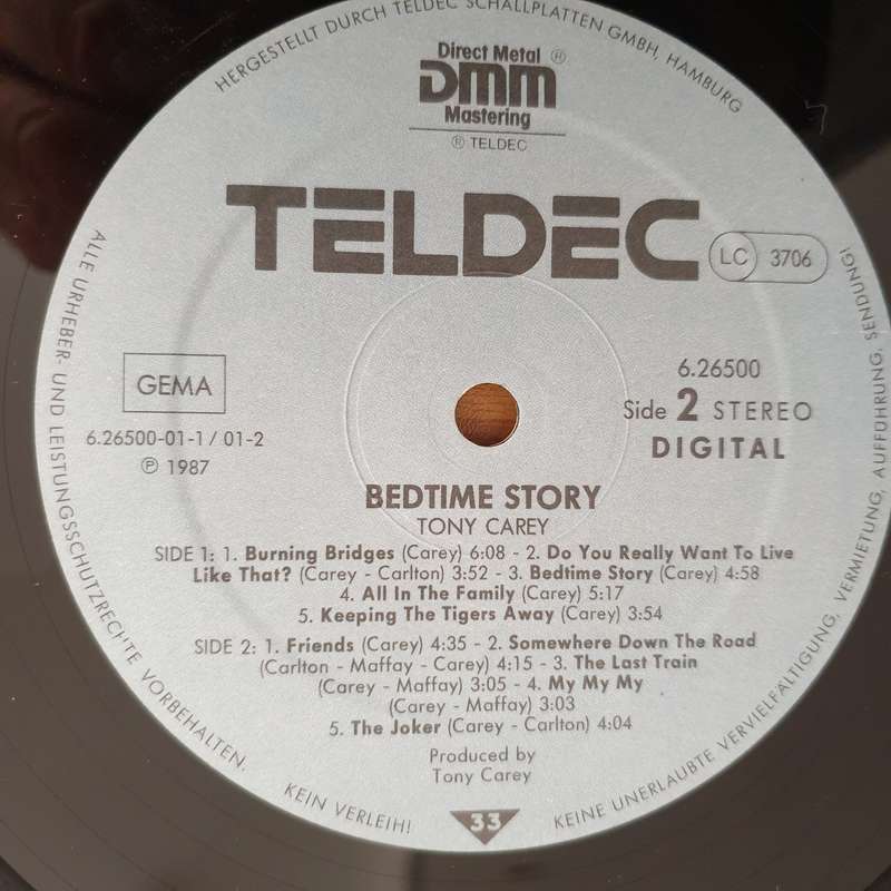 Tony Carey  Bedtime Story (DMM - Direct Metal Mastering)   Vinyl LP Record (VG+)